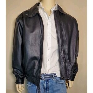 Autumn Trails Leather Bomber Jacket Black Men's XL Vtg Quilted Inside Motorcycle